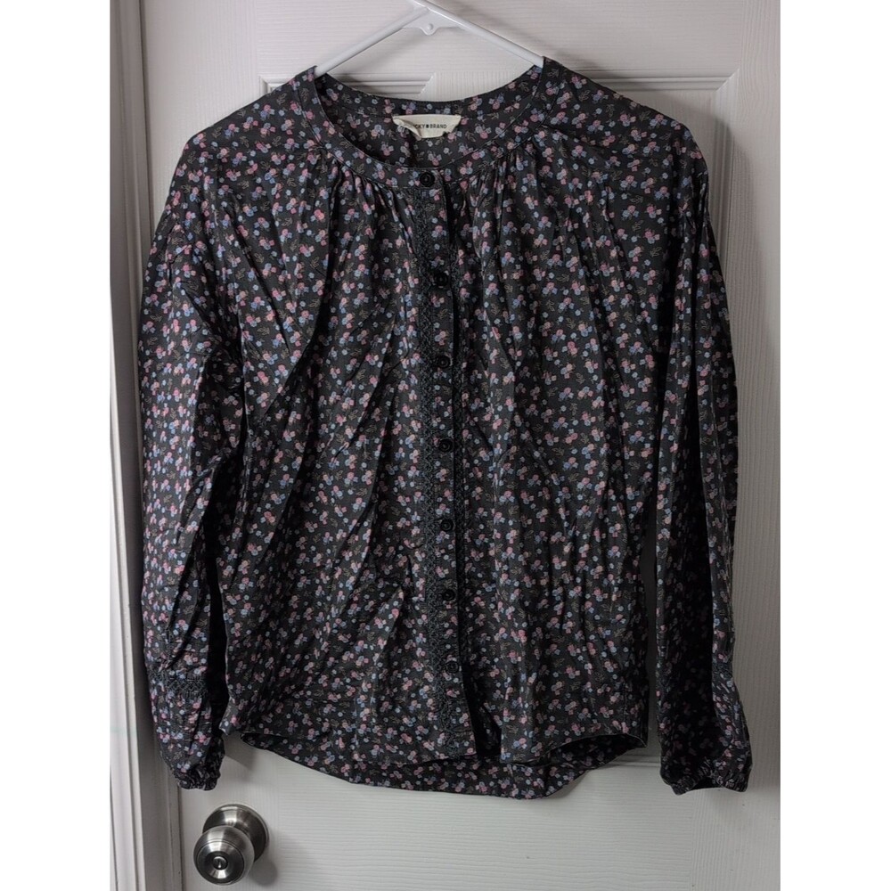 Lucky Brand 100% Cotton Black Floral Boho Button-Front Blouse Size S
